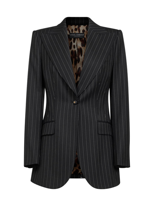 Black pinstriped stretch wool single-breasted jacket