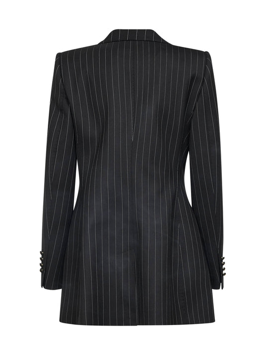 Black pinstriped stretch wool single-breasted jacket