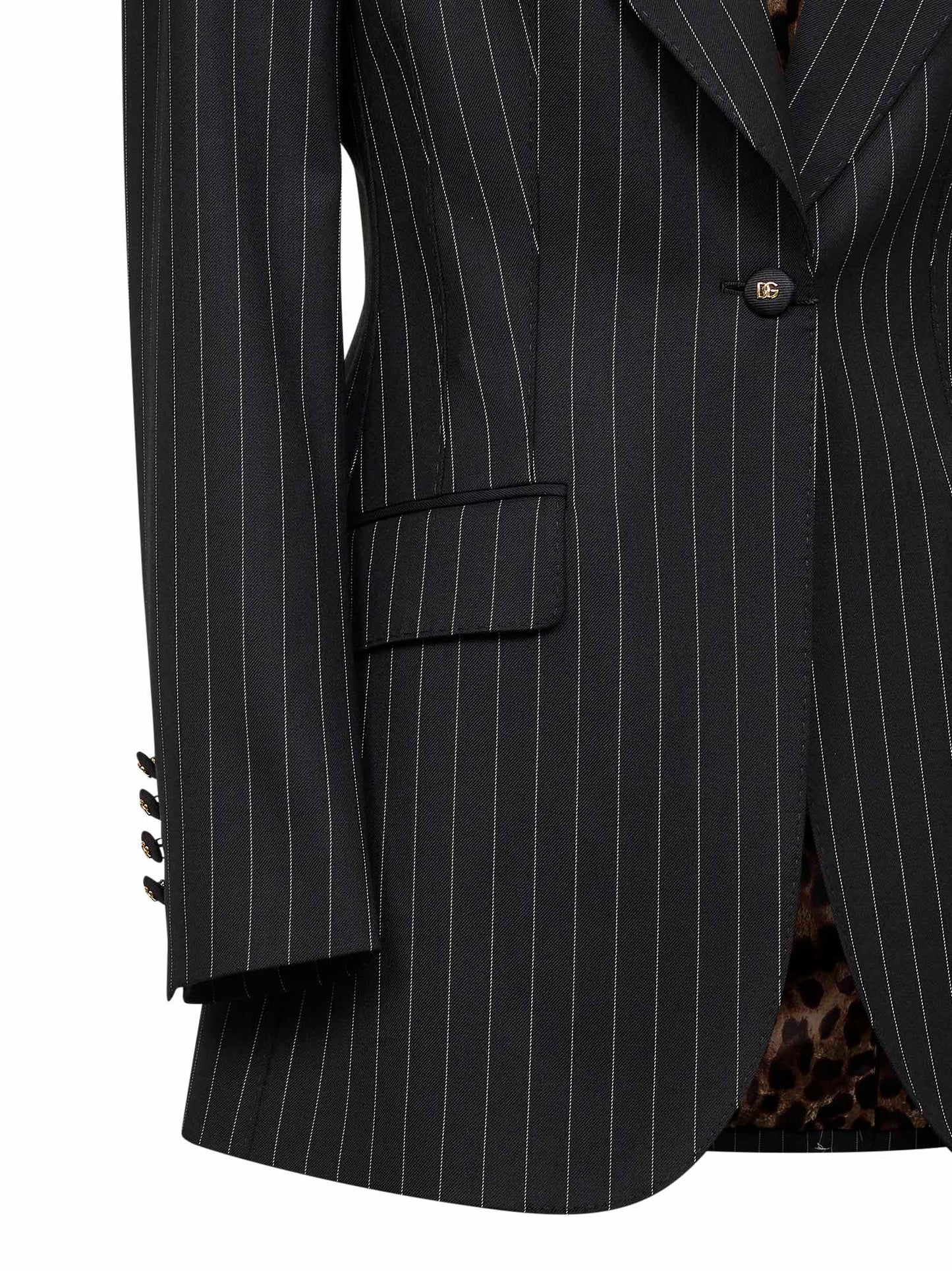 Black pinstriped stretch wool single-breasted jacket