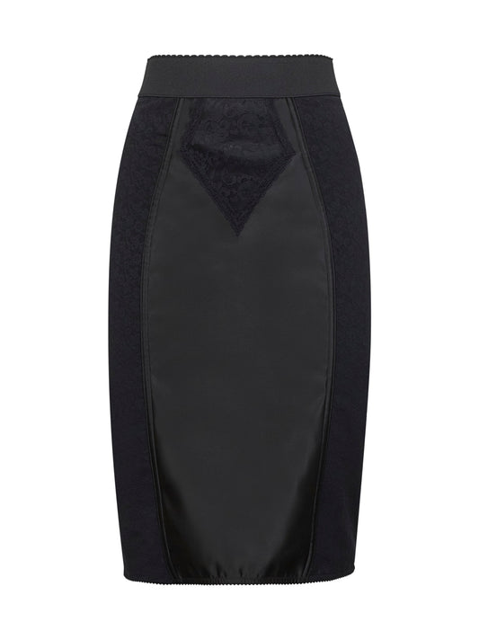 Black lace and marquisette elastic midi skirt