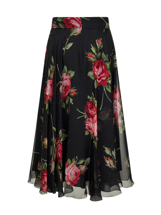 Rose bouquet printed chiffon midi full skirt