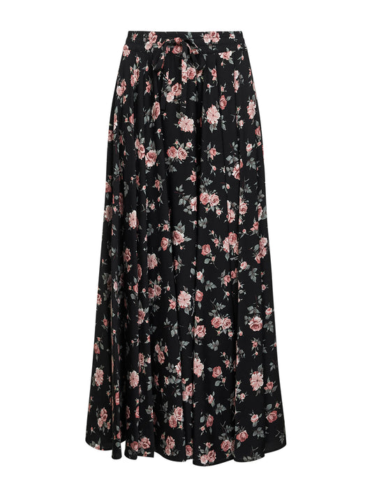 Vintage rose printed charmeuse long full skirt