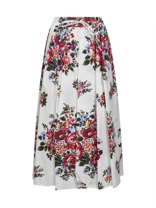 White Flower bouquet-print poplin midi skirt
