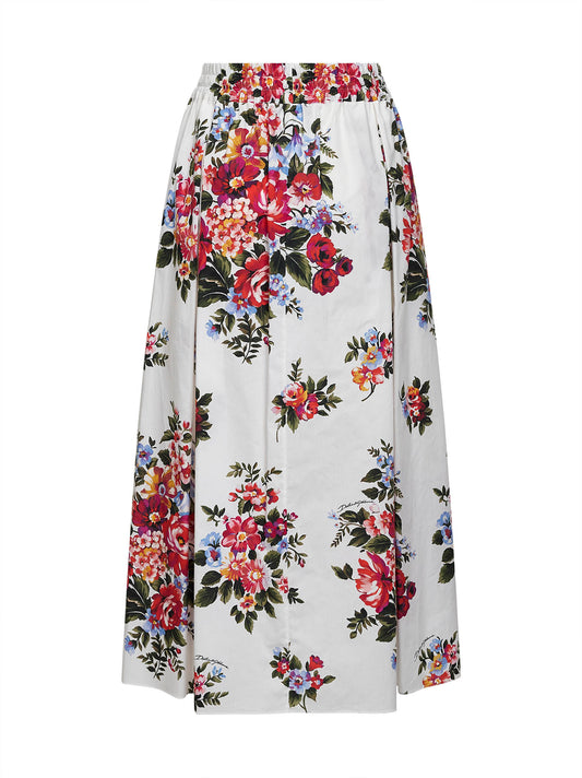 White Flower bouquet-print poplin midi skirt
