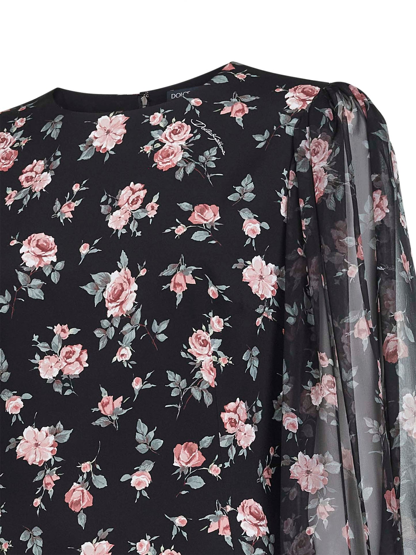 Abito midi in charmeuse nero stampa Rose vintage