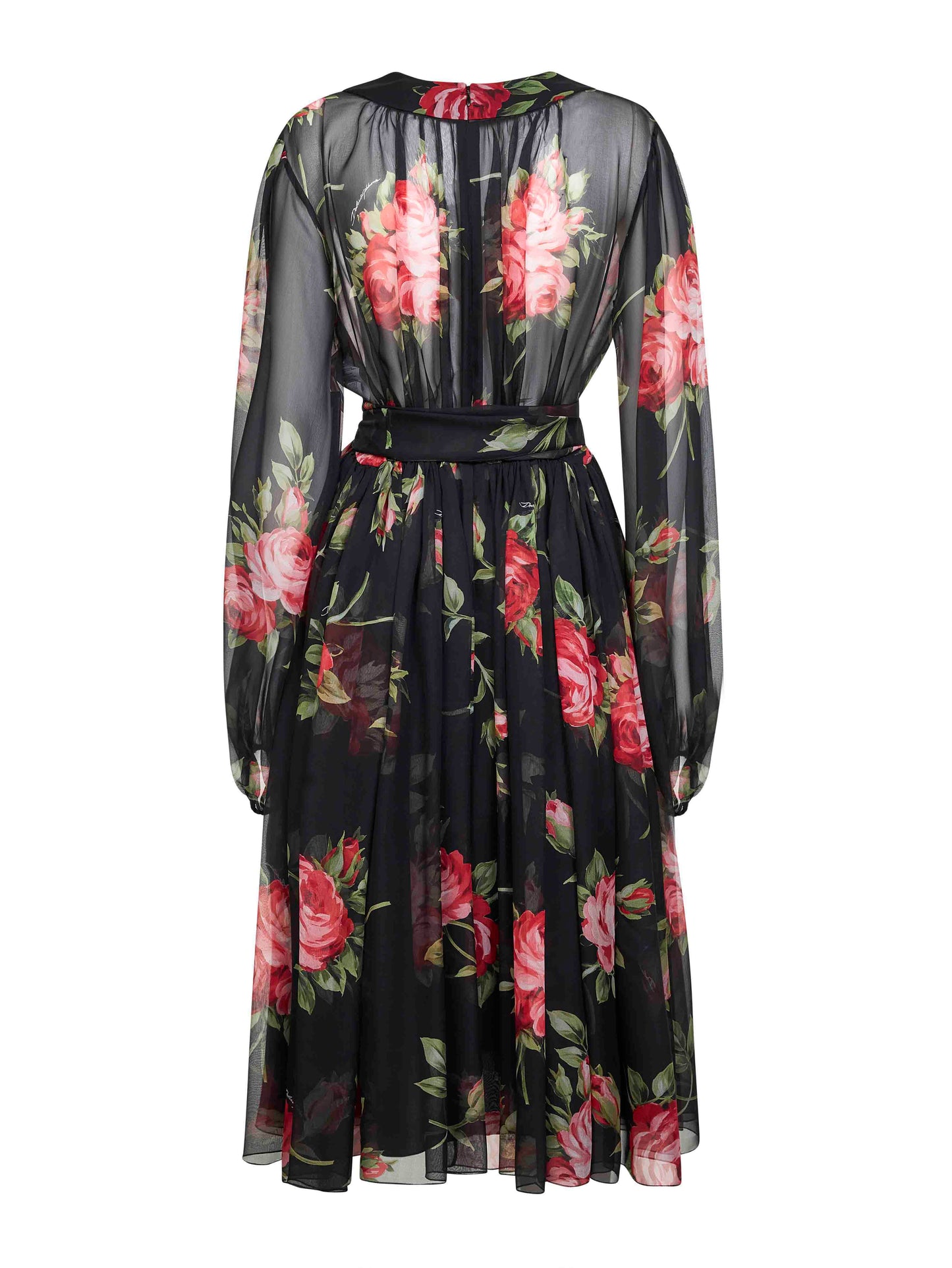 Abito in chiffon nero stampa Bouquet rose