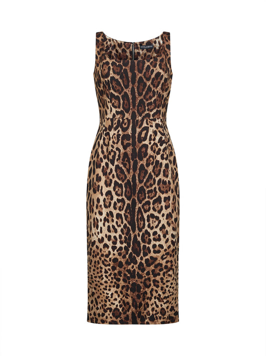 Abito midi in charmeuse stretch stampa Leopardo