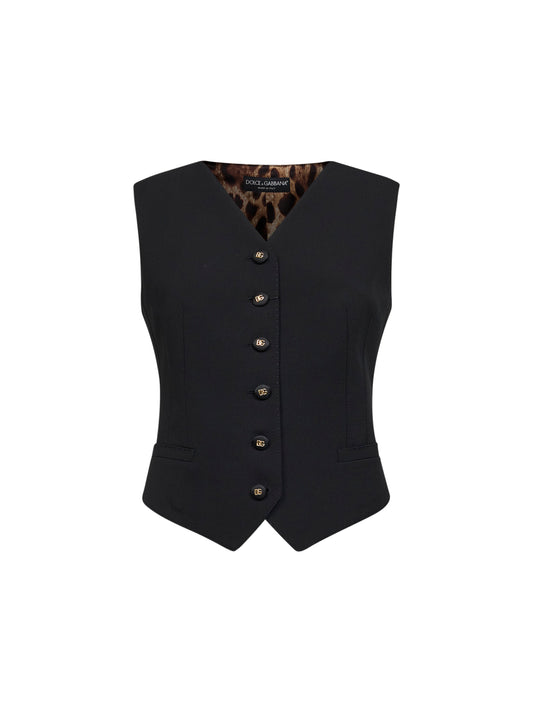Black stretch wool vest with Leopard-print back