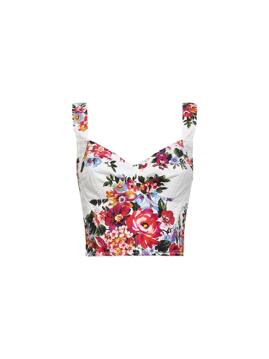 Stretch cotton blend Flower bouquet-print bustier top