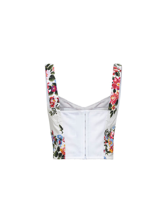 Stretch cotton blend Flower bouquet-print bustier top