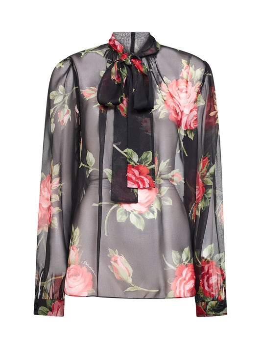 Black Rose bouquet-print silk chiffon top
