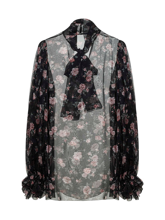 Top in chiffon nero stampa Rose vintage