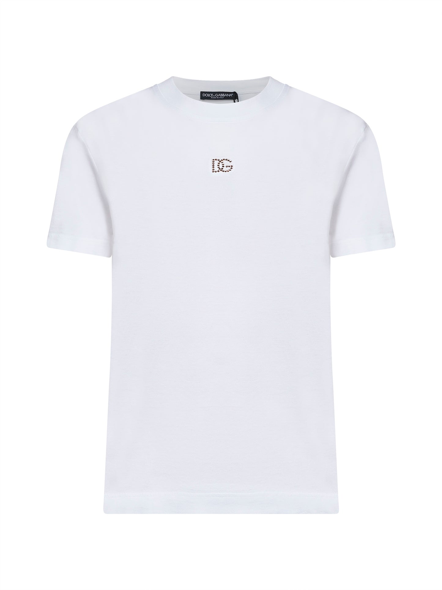 T-shirt in jersey bianco con logo in strass