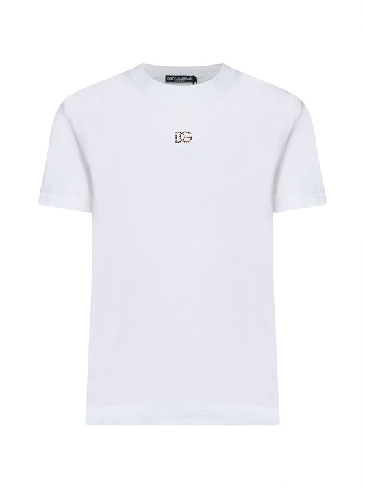 T-shirt in jersey bianco con logo in strass