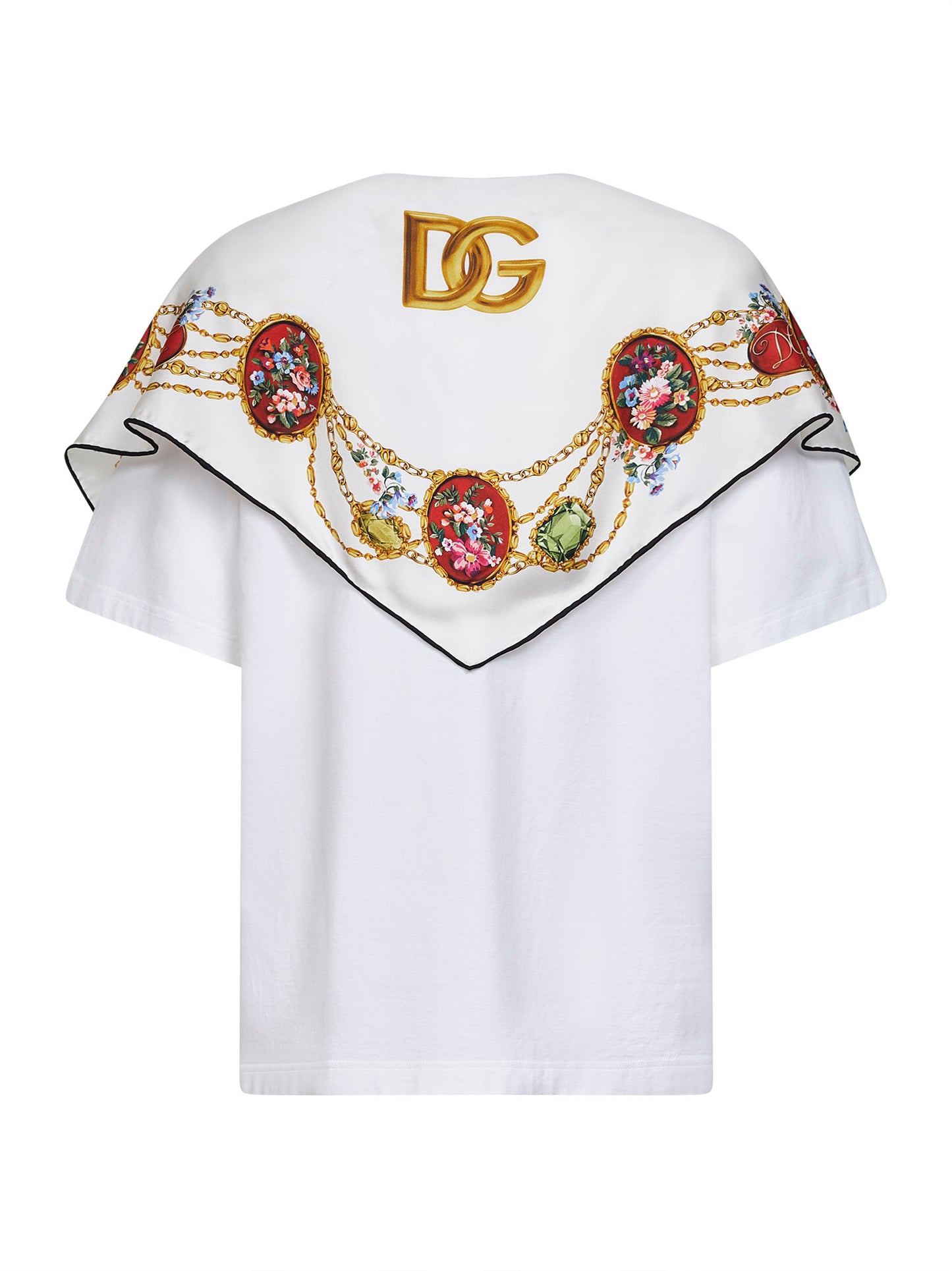 White jersey T-shirt with printed silk scarf
