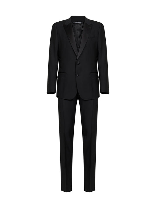 Black virgin wool and silk three-piece tuxedo suit