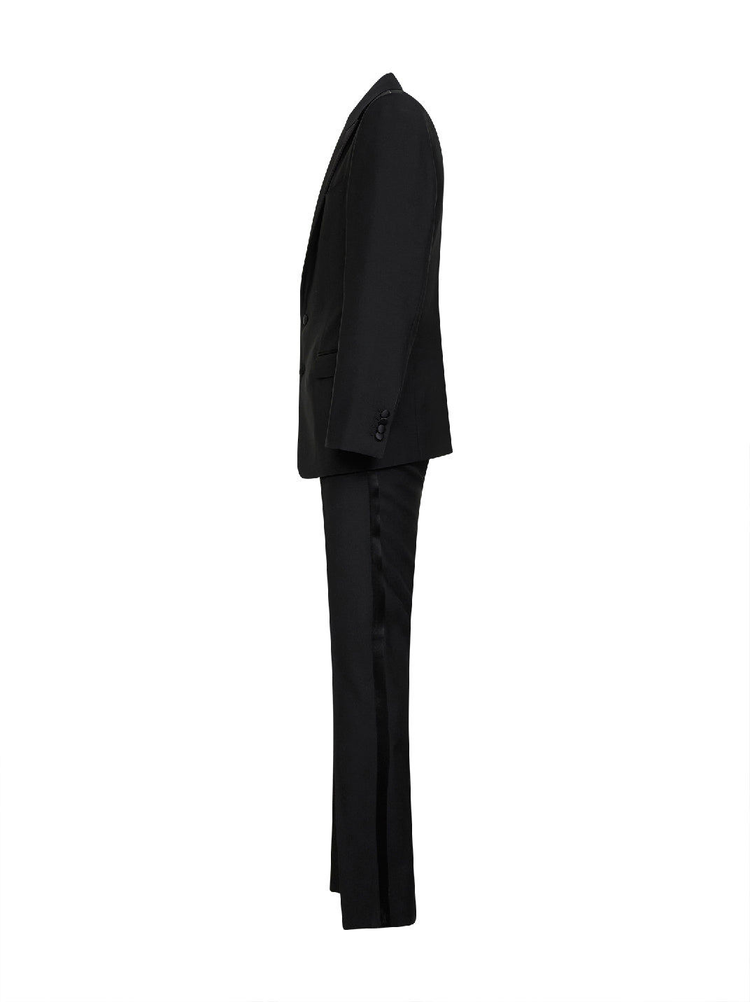 Black virgin wool and silk three-piece tuxedo suit