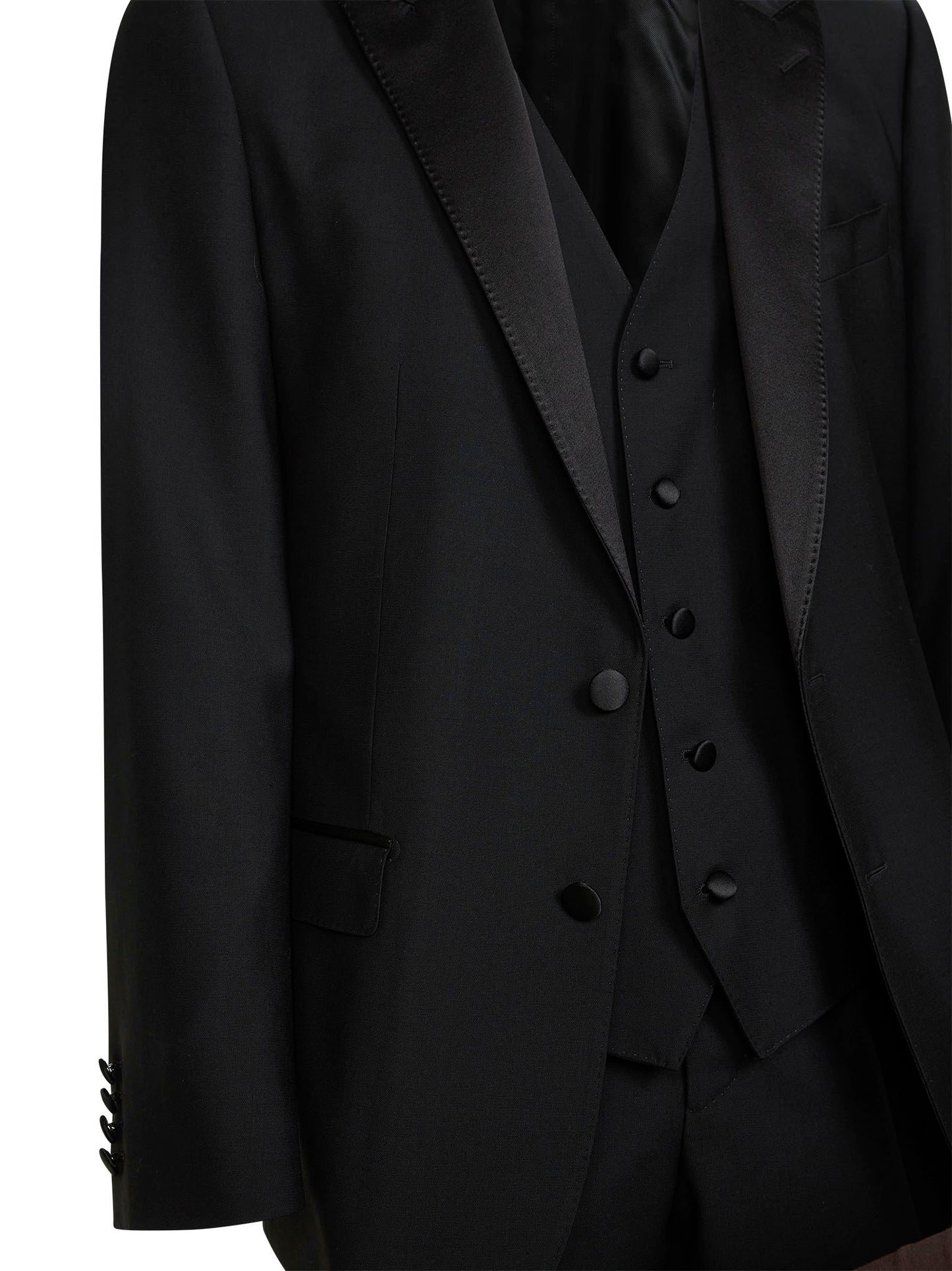 Black virgin wool and silk three-piece tuxedo suit