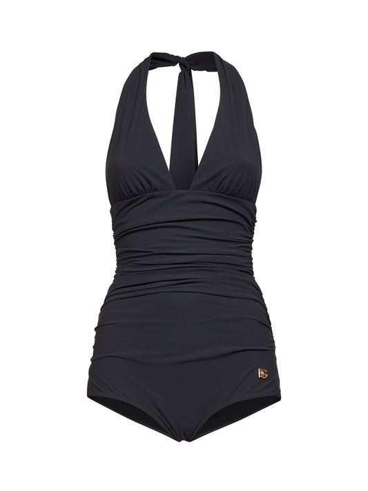Black sensitive fabric draped one-piece swimsuit