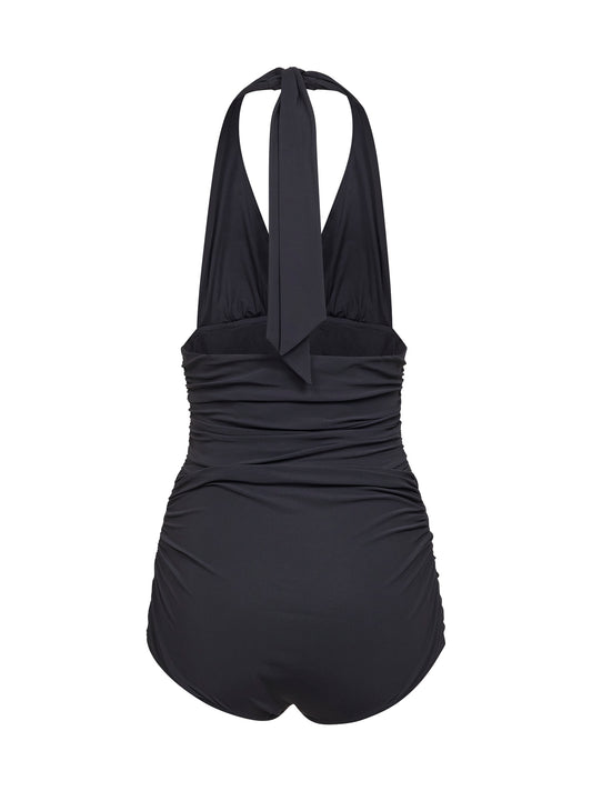 Black sensitive fabric draped one-piece swimsuit