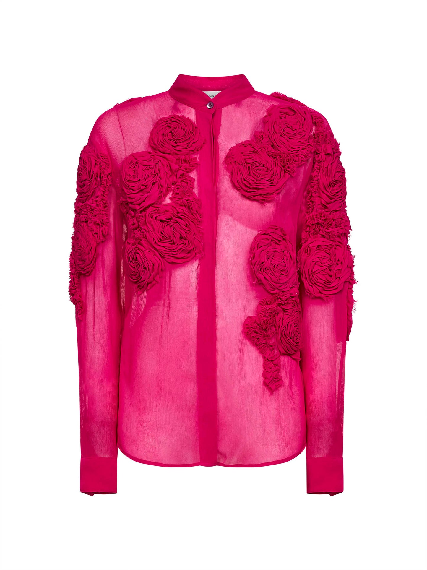 Fuchsia silk muslin shirt with 3D flowers