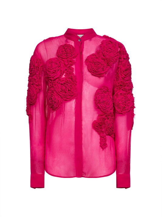 Camicia in mussola di seta fucsia con fiori 3D