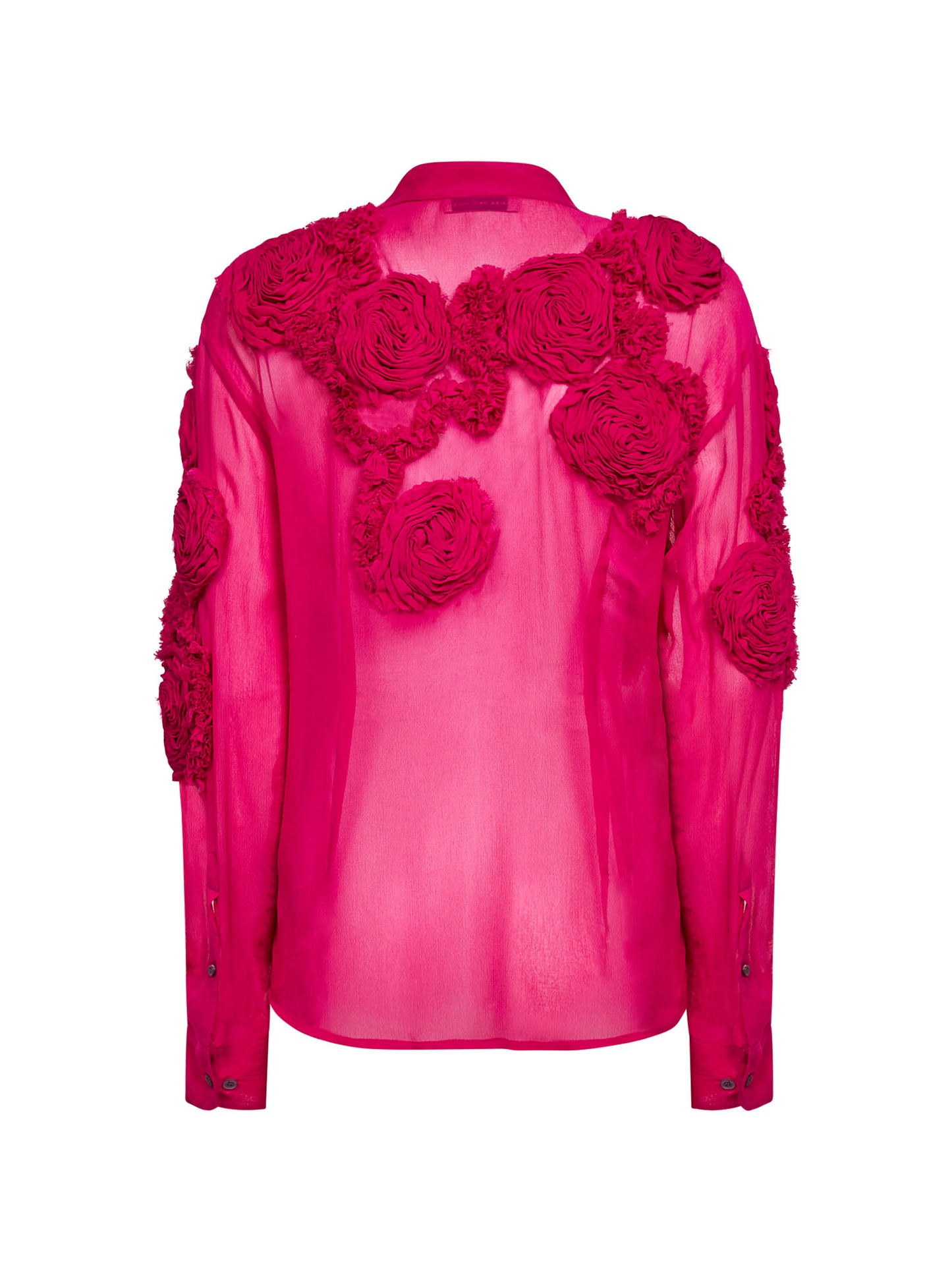 Fuchsia silk muslin shirt with 3D flowers