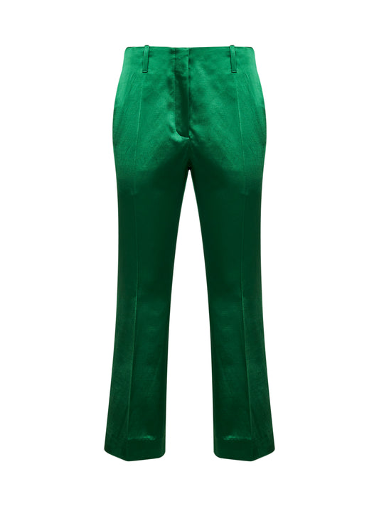 Green satin bootcut trousers
