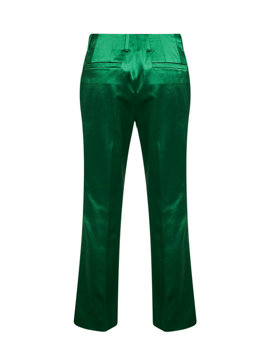 Green satin bootcut trousers