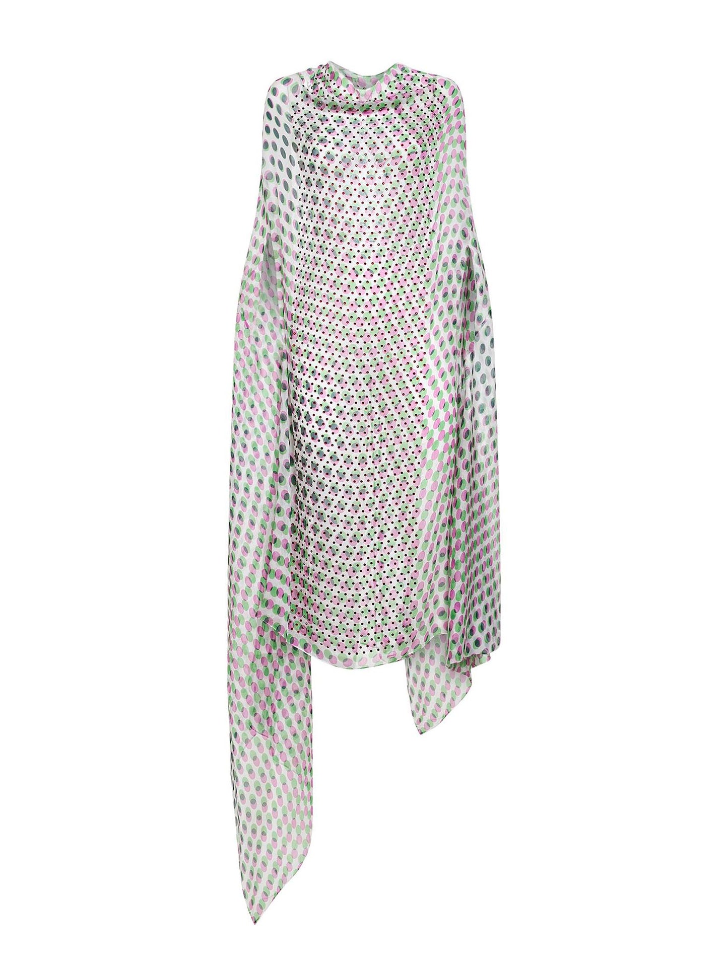 Ecru silk crepon Layered Optical Polka Dot-print cape-style dress