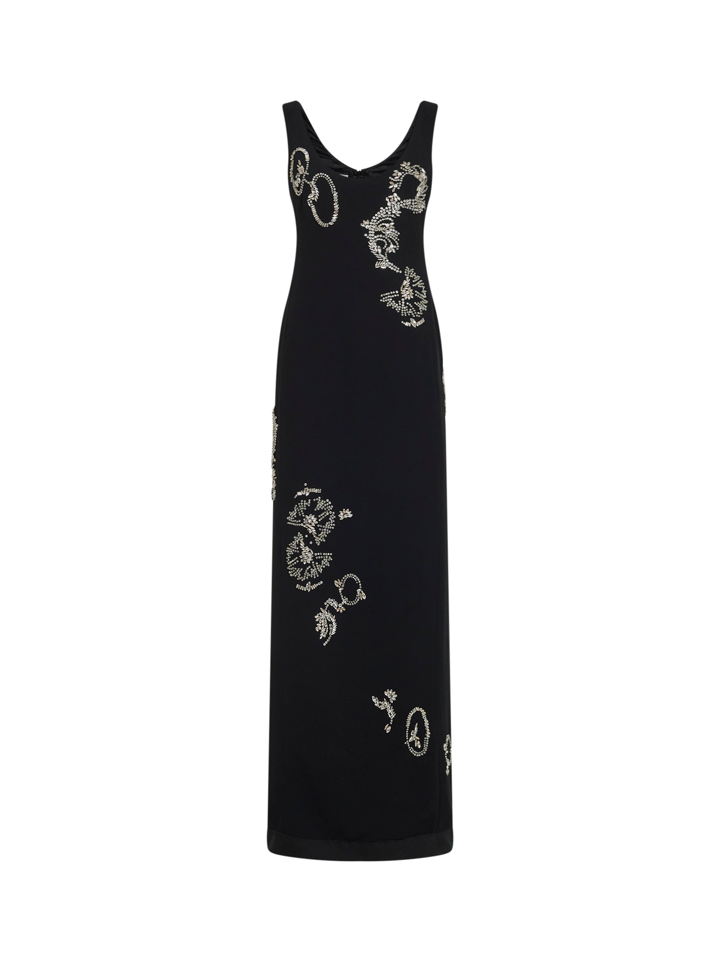 Black crepe long embroidered dress