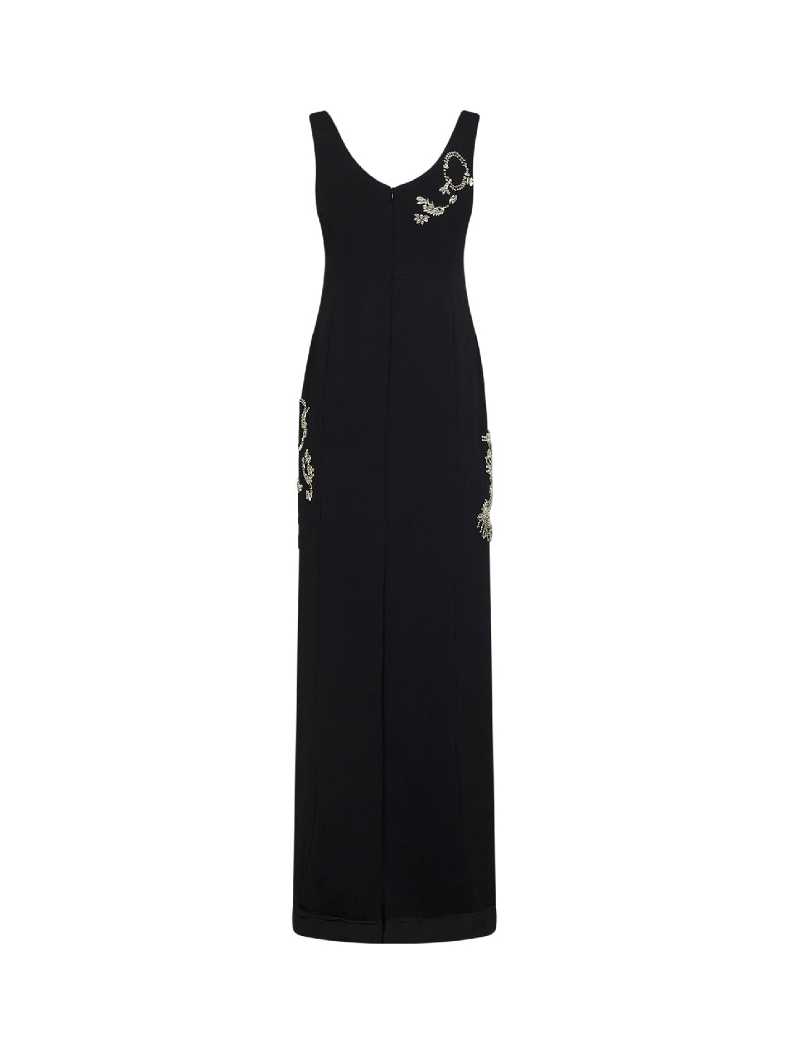 Black crepe long embroidered dress