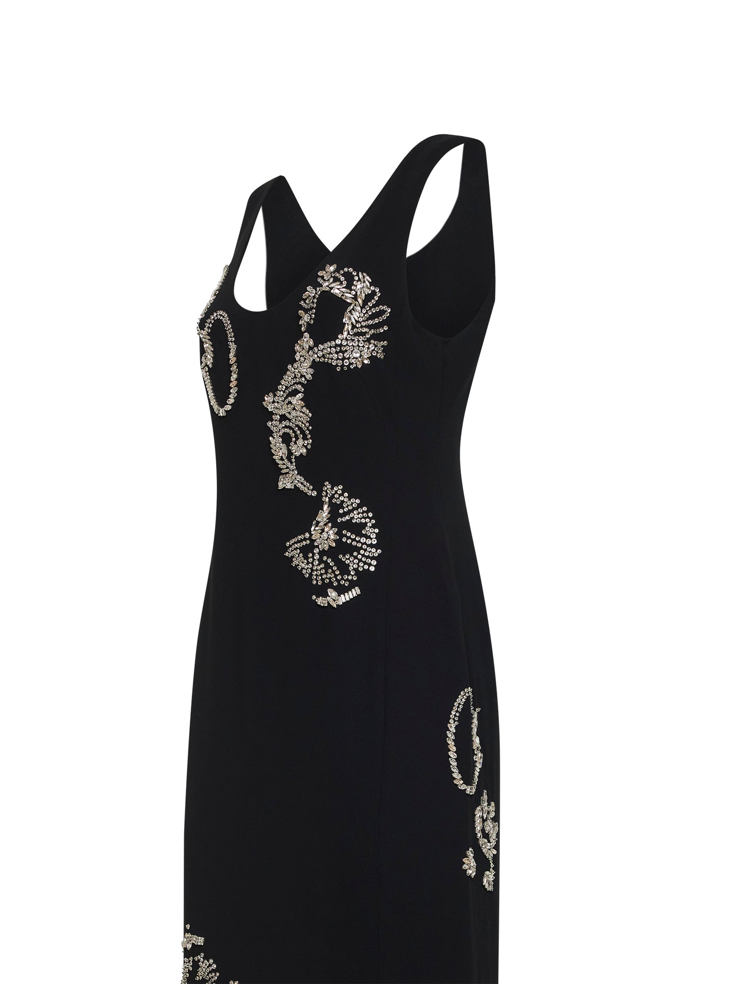 Black crepe long embroidered dress