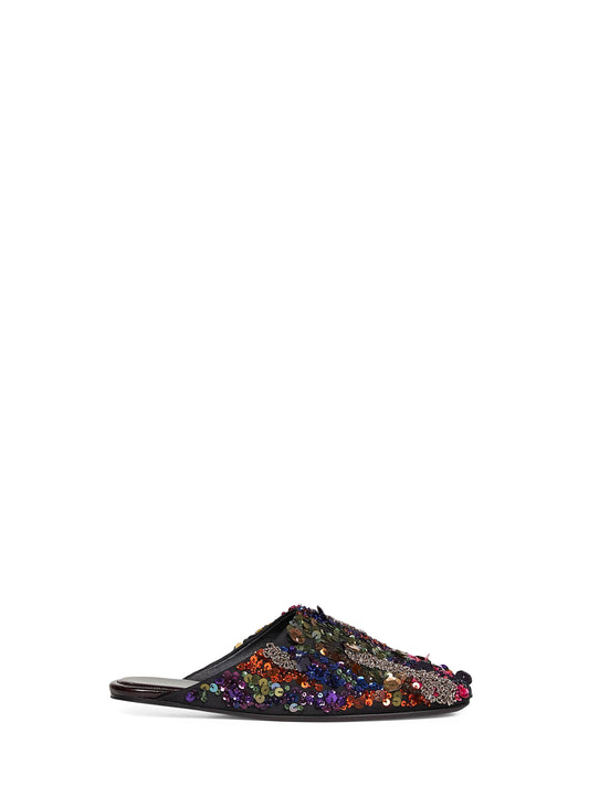 Mules flat in raso con paillettes ricamate