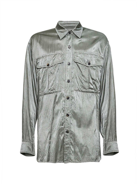 Camicia in viscosa e cotone verde menta con tasche sul petto