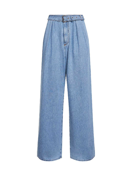 Light blue denim belted wide-leg jeans