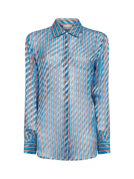 Camicia a righe in viscosa e seta devoré turchese