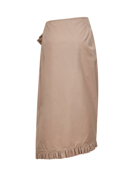 Beige poplin asymmetric ruffled midi skirt