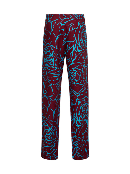 Burgundy printed viscose low-rise trousers