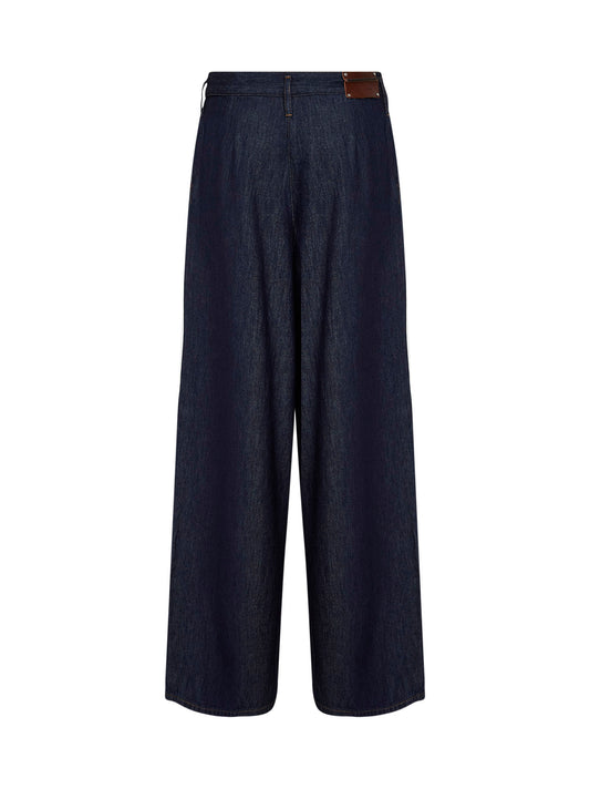 Jeans a gamba larga con pinces in denim indaco