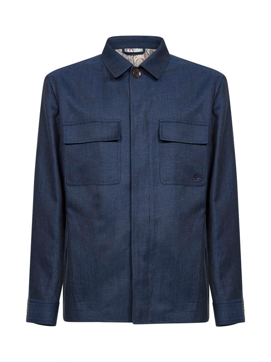 Giacca camicia in lana e lino blu