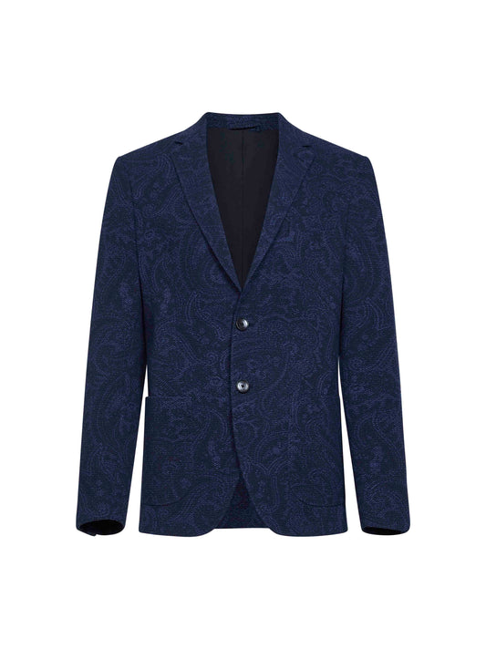 Blue Paisley-pattern seersucker jersey single-breasted jacket