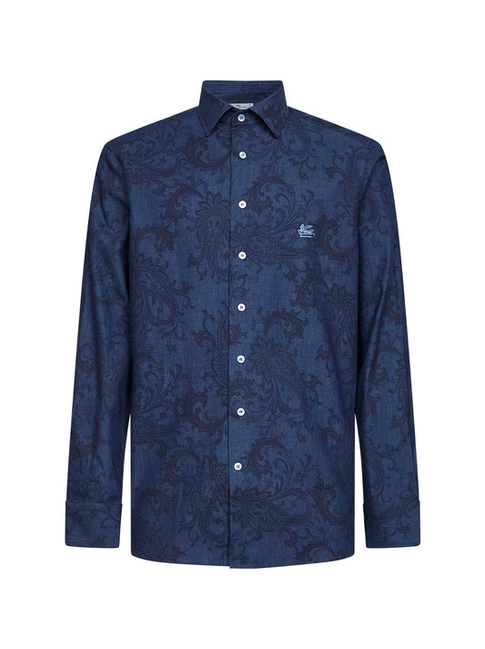 Blue Paisley ramage-pattern denim logo shirt