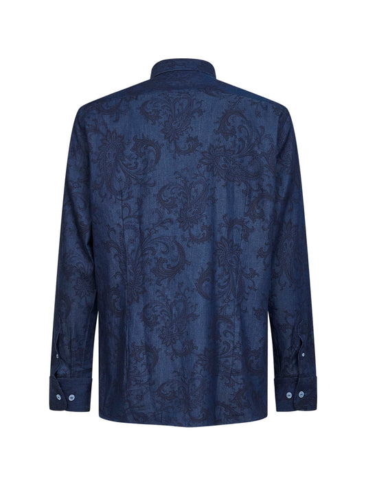 Blue Paisley ramage-pattern denim logo shirt