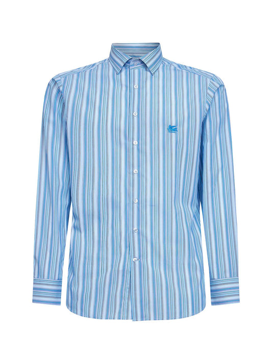 Camicia in cotone a righe azzurro con ricamo Pegaso<BR/>