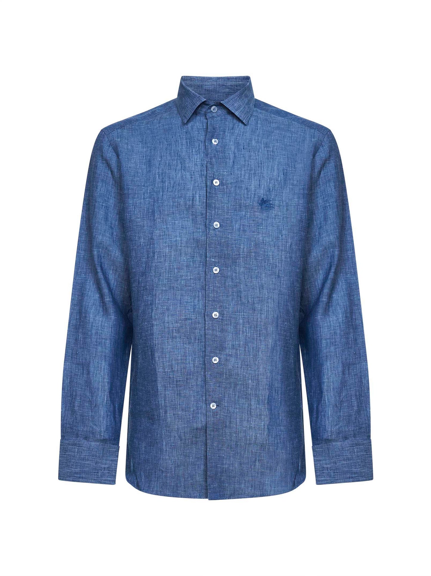 Camicia in lino azzurro con ricamo Pegaso