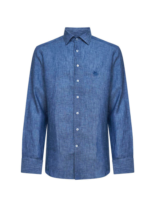 Light blue linen shirt with Pegaso embroidery