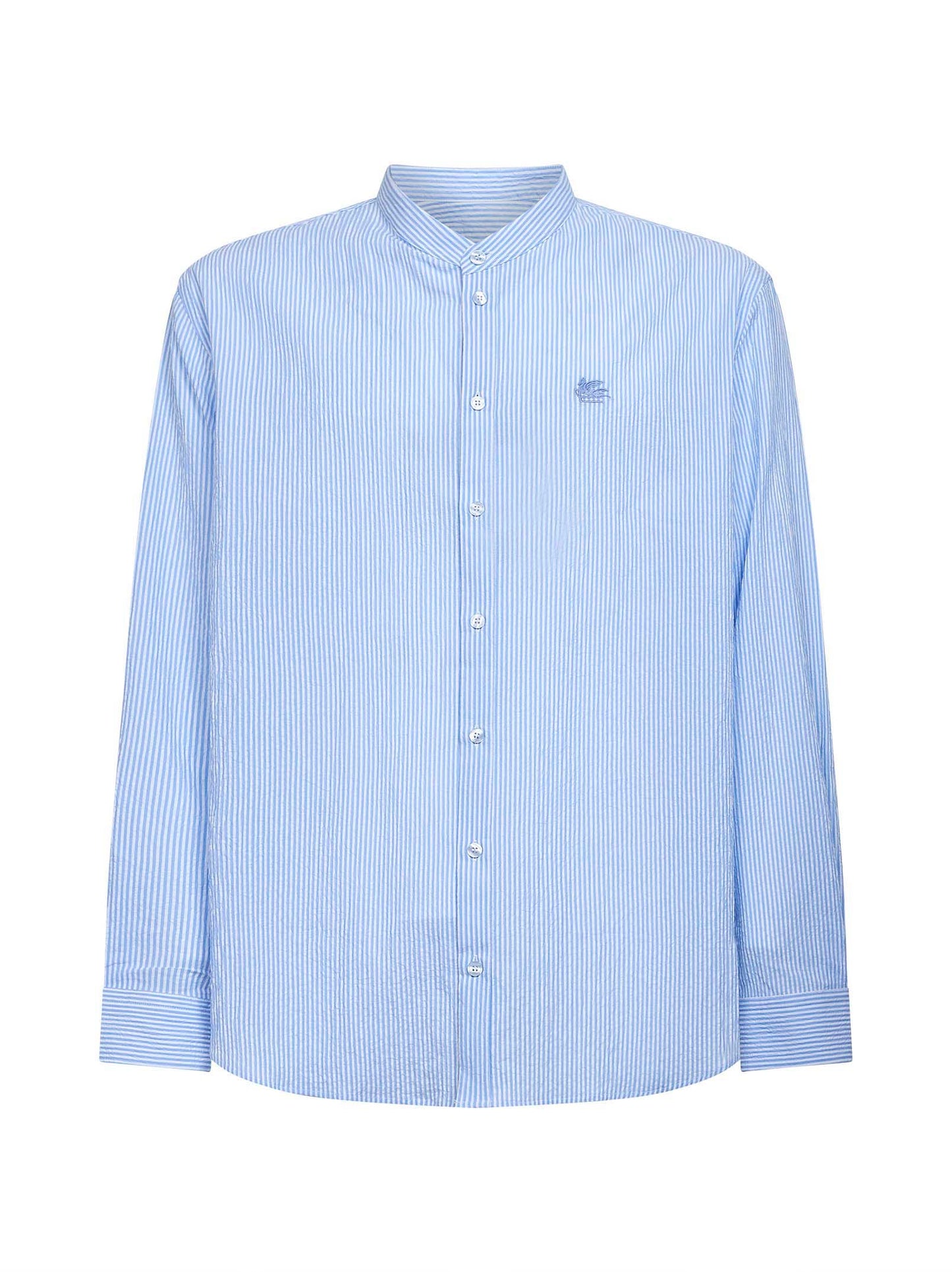 Camicia in cotone seersucker a righe azzurro con logo