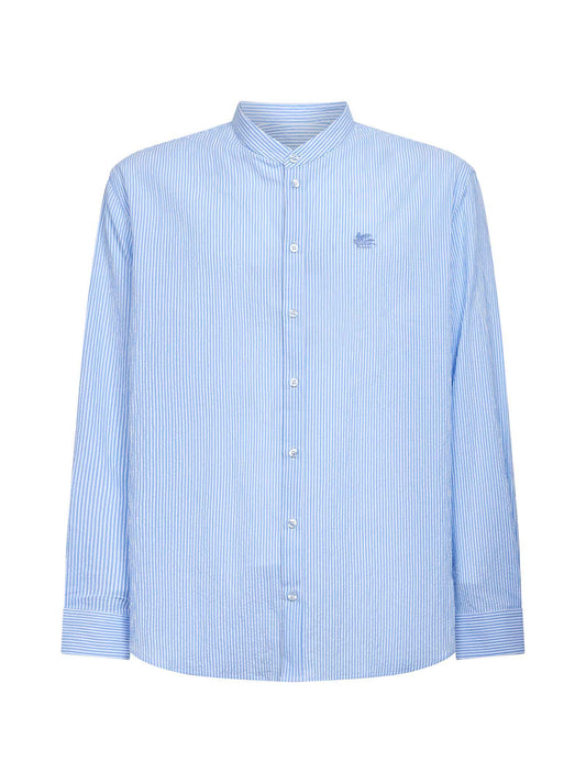 Light blue striped seersucker cotton logo shirt
