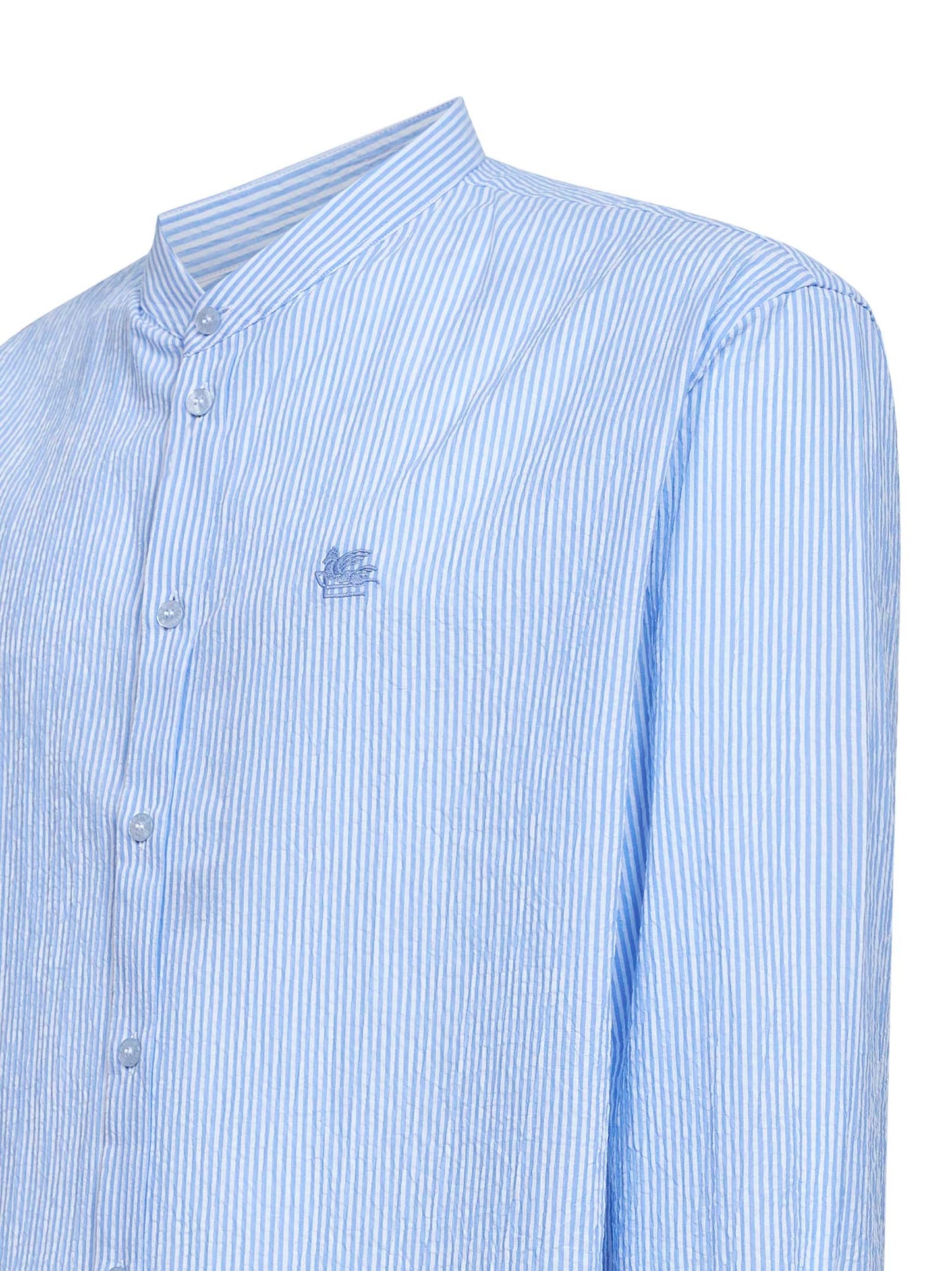 Camicia in cotone seersucker a righe azzurro con logo
